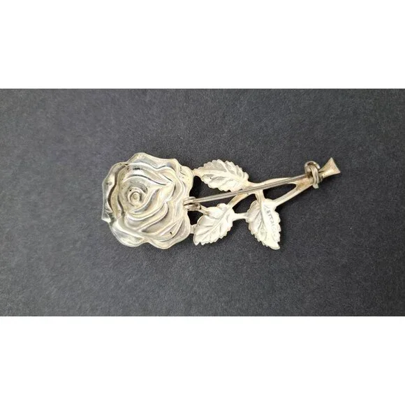 Vintage Sterling Silver Rose Brooch Pin Detailed Floral Design Floral Statement - Picture 5 of 9